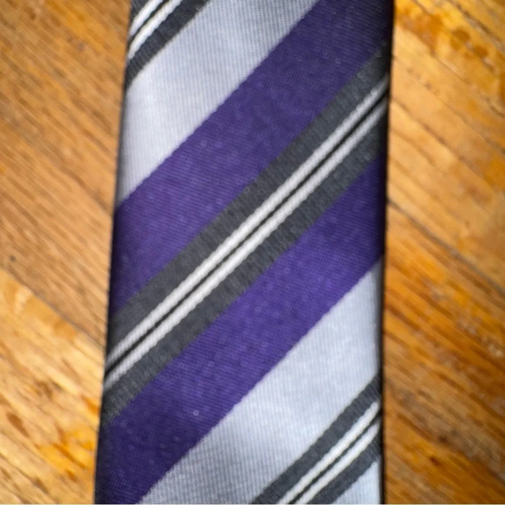 Little Boy’s Clip On Striped Purple, Silver and Black Tie #0784